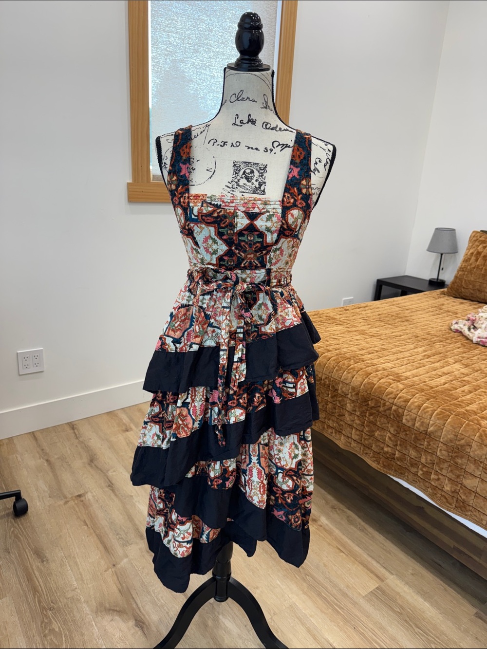 Anthropologie Black and Multi Printed Tiered Midi Dress with Tie Waist